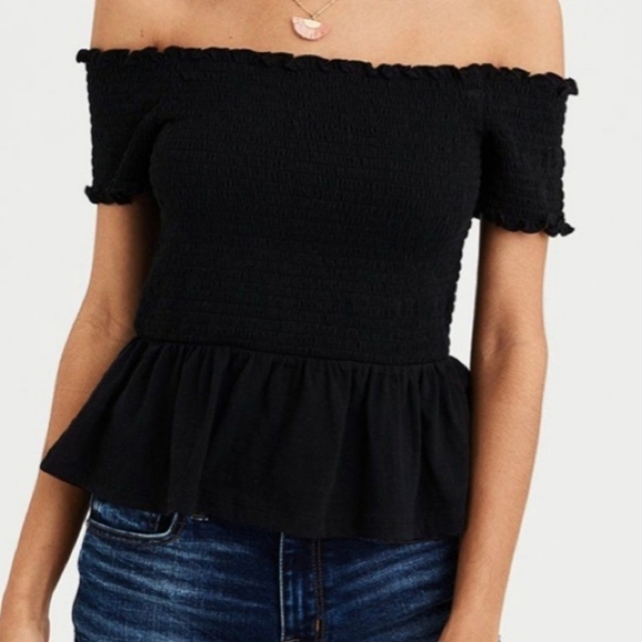 American Eagle Outfitters Tops - ⭐️ HOST PICK ⭐️ American Eagle Off The Shoulder Black Peplum Shirt